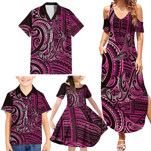New Zealand Hammerhead Shark Family Matching Summer Maxi Dress and Hawaiian Shirt Maori Haehae Mangopare Pink - Aussie Hoodie