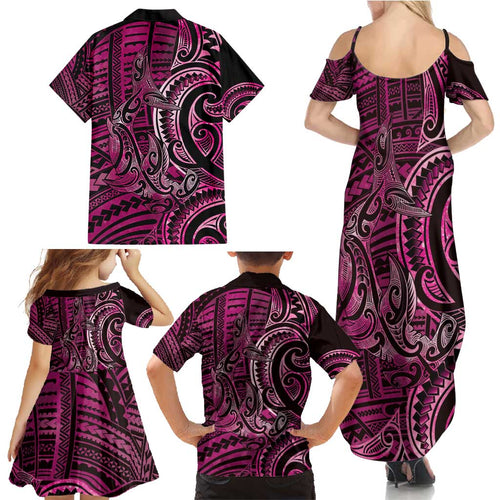 New Zealand Hammerhead Shark Family Matching Summer Maxi Dress and Hawaiian Shirt Maori Haehae Mangopare Pink - Aussie Hoodie