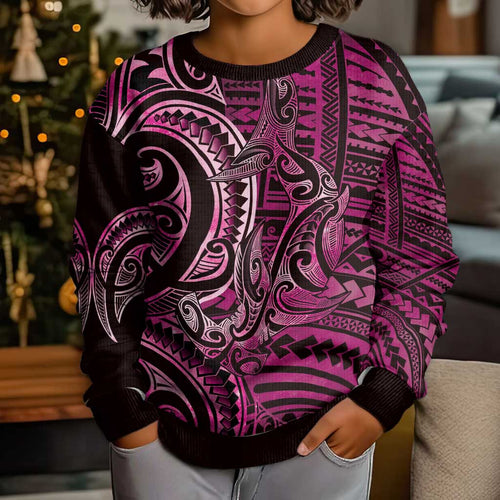 New Zealand Hammerhead Shark Kid Ugly Christmas Sweater Maori Haehae Mangopare Pink - Aussie Hoodie