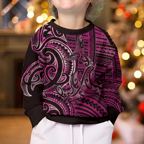 New Zealand Hammerhead Shark Kid Ugly Christmas Sweater Maori Haehae Mangopare Pink - Aussie Hoodie