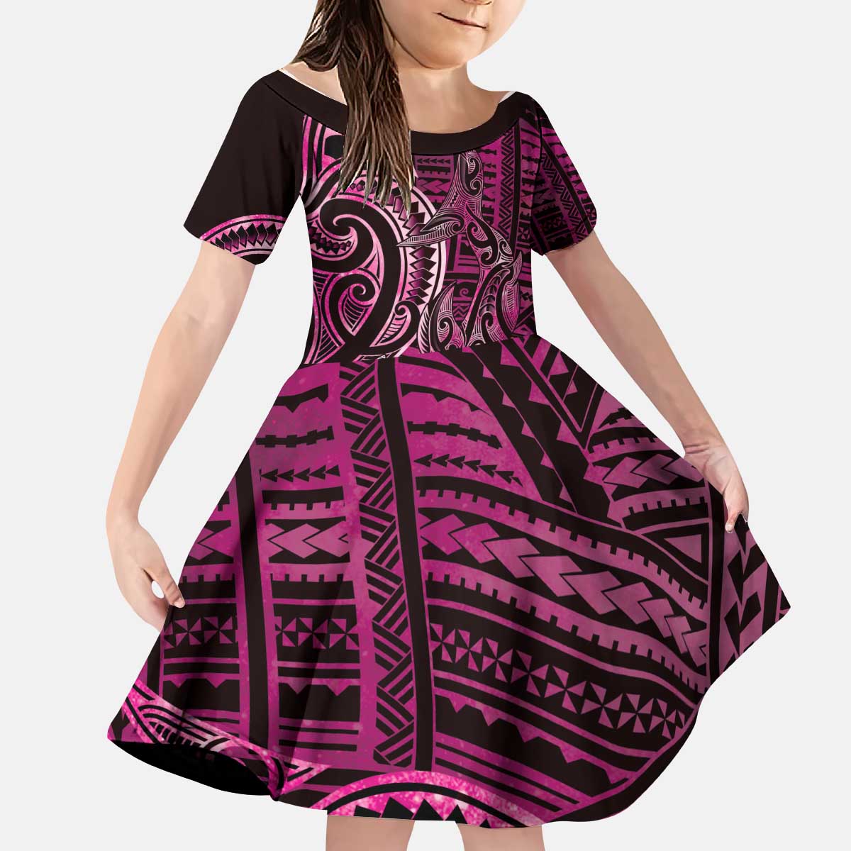 New Zealand Hammerhead Shark Kid Short Sleeve Dress Maori Haehae Mangopare Pink - Aussie Hoodie