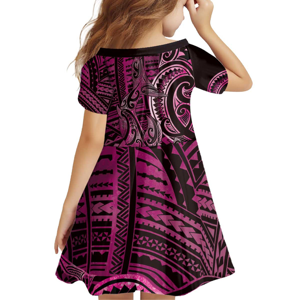 New Zealand Hammerhead Shark Kid Short Sleeve Dress Maori Haehae Mangopare Pink - Aussie Hoodie