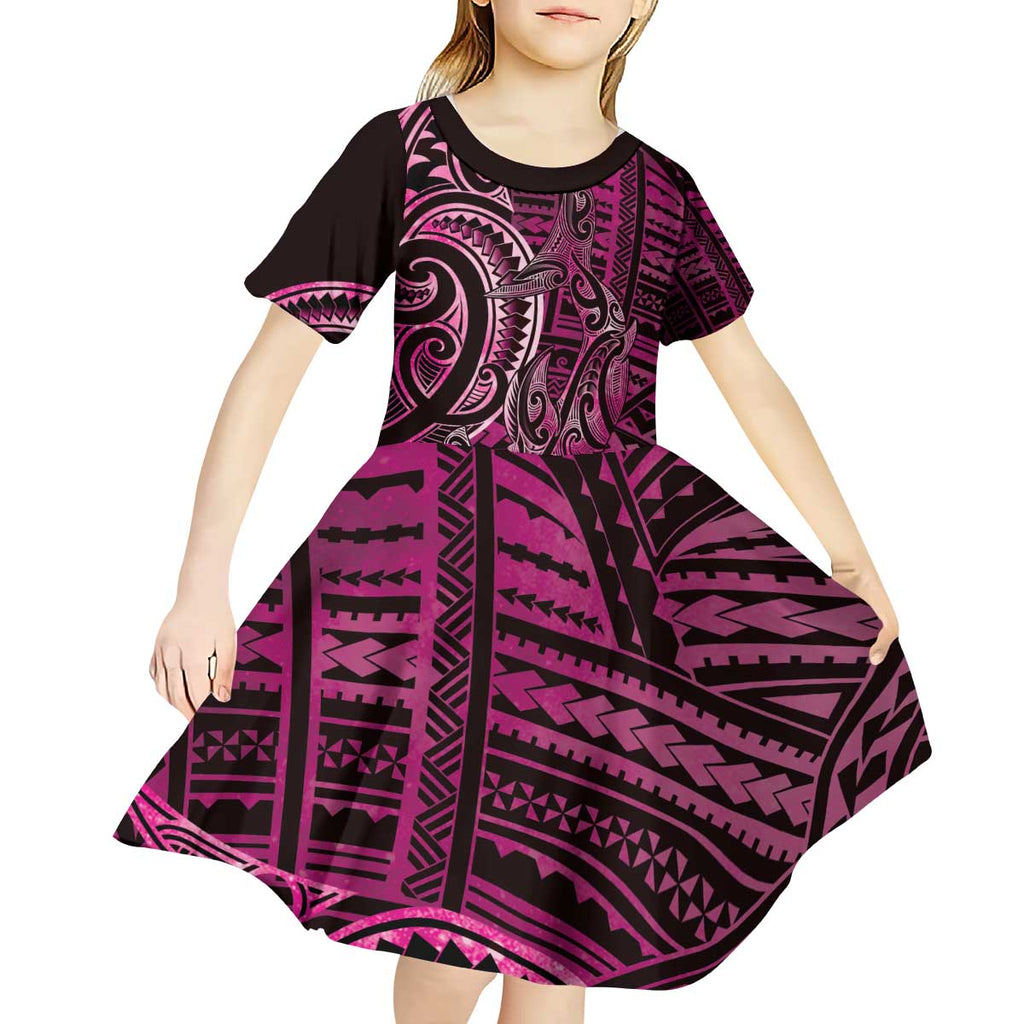 New Zealand Hammerhead Shark Kid Short Sleeve Dress Maori Haehae Mangopare Pink - Aussie Hoodie