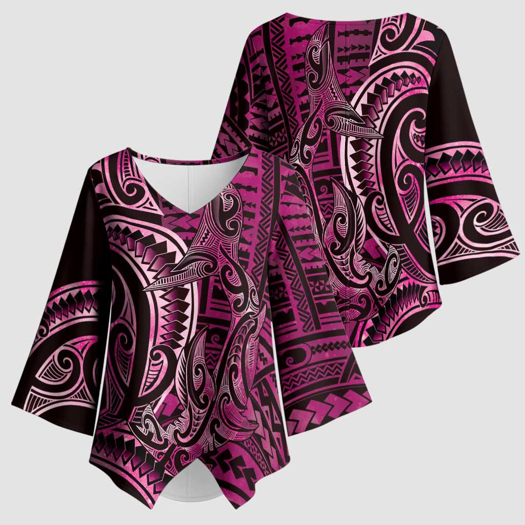 New Zealand Hammerhead Shark Kimono Sleeve Blouse Maori Haehae Mangopare Pink - Aussie Hoodie