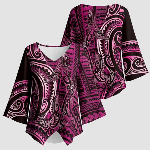 New Zealand Hammerhead Shark Kimono Sleeve Blouse Maori Haehae Mangopare Pink - Aussie Hoodie