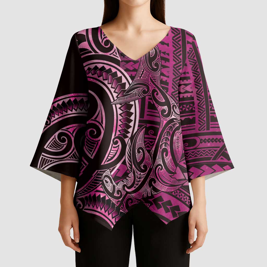 New Zealand Hammerhead Shark Kimono Sleeve Blouse Maori Haehae Mangopare Pink - Aussie Hoodie