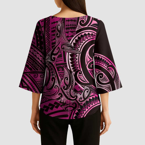 New Zealand Hammerhead Shark Kimono Sleeve Blouse Maori Haehae Mangopare Pink - Aussie Hoodie
