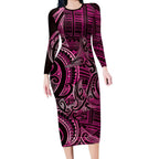 New Zealand Hammerhead Shark Long Sleeve Bodycon Dress Maori Haehae Mangopare Pink - Aussie Hoodie