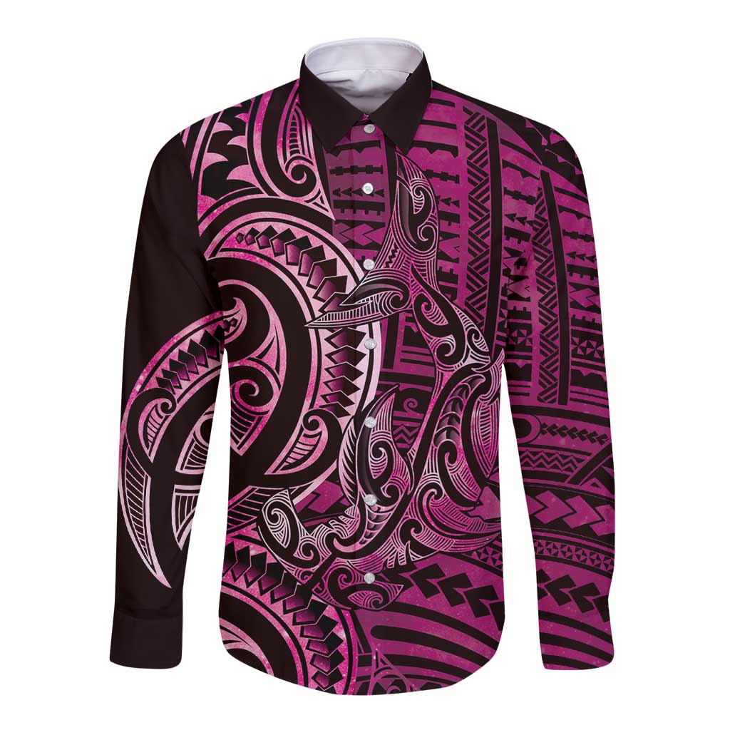 New Zealand Hammerhead Shark Long Sleeve Button Shirt Maori Haehae Mangopare Pink - Aussie Hoodie