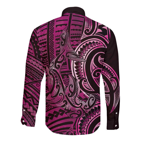 New Zealand Hammerhead Shark Long Sleeve Button Shirt Maori Haehae Mangopare Pink - Aussie Hoodie