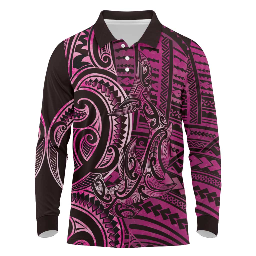 New Zealand Hammerhead Shark Long Sleeve Polo Shirt Maori Haehae Mangopare Pink - Aussie Hoodie