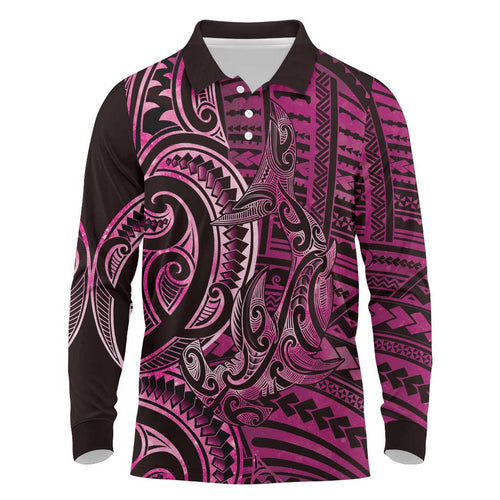 New Zealand Hammerhead Shark Long Sleeve Polo Shirt Maori Haehae Mangopare Pink - Aussie Hoodie