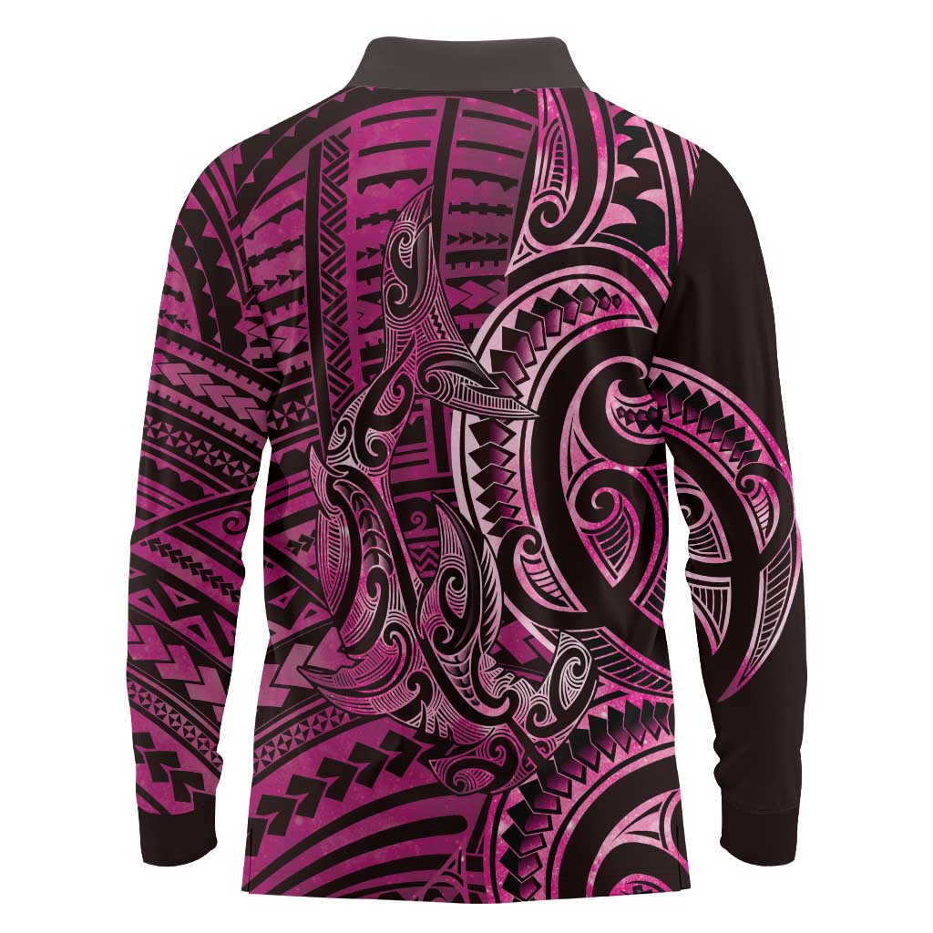 New Zealand Hammerhead Shark Long Sleeve Polo Shirt Maori Haehae Mangopare Pink - Aussie Hoodie