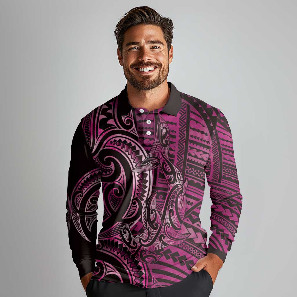 New Zealand Hammerhead Shark Long Sleeve Polo Shirt Maori Haehae Mangopare Pink - Aussie Hoodie