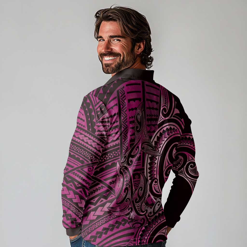 New Zealand Hammerhead Shark Long Sleeve Polo Shirt Maori Haehae Mangopare Pink - Aussie Hoodie
