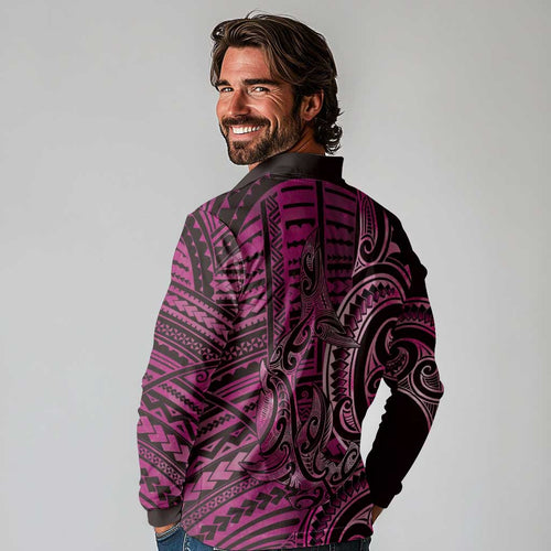 New Zealand Hammerhead Shark Long Sleeve Polo Shirt Maori Haehae Mangopare Pink - Aussie Hoodie
