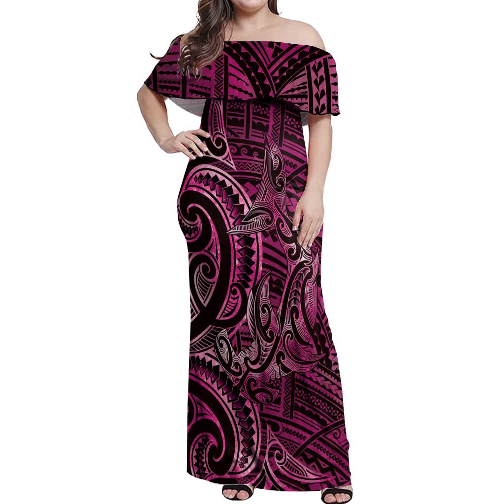 New Zealand Hammerhead Shark Off Shoulder Maxi Dress Maori Haehae Mangopare Pink - Aussie Hoodie