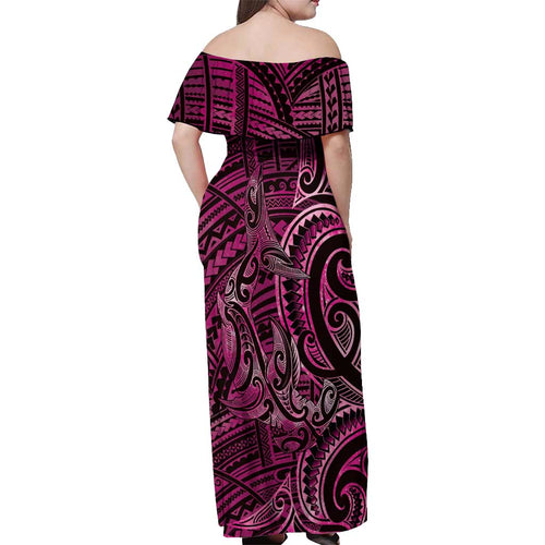 New Zealand Hammerhead Shark Off Shoulder Maxi Dress Maori Haehae Mangopare Pink - Aussie Hoodie