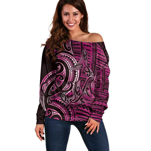 New Zealand Hammerhead Shark Off Shoulder Sweater Maori Haehae Mangopare Pink - Aussie Hoodie