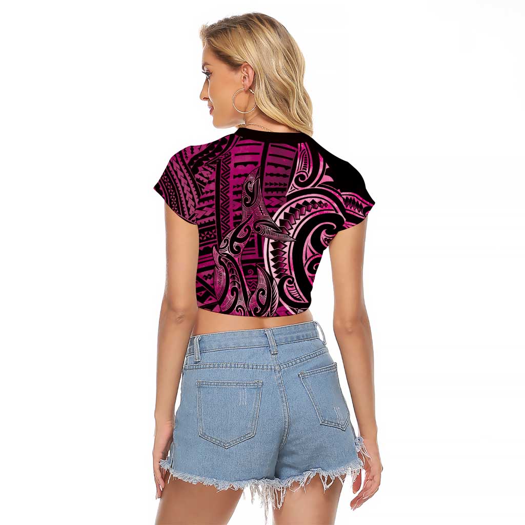 New Zealand Hammerhead Shark Raglan Cropped T Shirt Maori Haehae Mangopare Pink - Aussie Hoodie