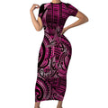 New Zealand Hammerhead Shark Short Sleeve Bodycon Dress Maori Haehae Mangopare Pink - Aussie Hoodie