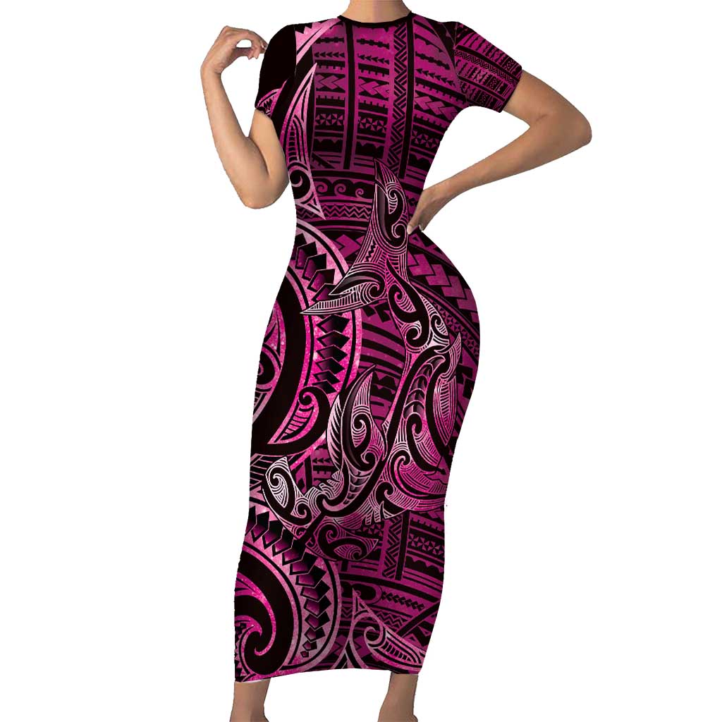 New Zealand Hammerhead Shark Short Sleeve Bodycon Dress Maori Haehae Mangopare Pink - Aussie Hoodie