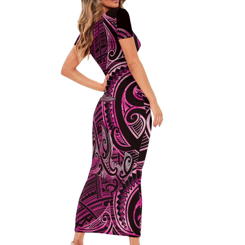 New Zealand Hammerhead Shark Short Sleeve Bodycon Dress Maori Haehae Mangopare Pink - Aussie Hoodie