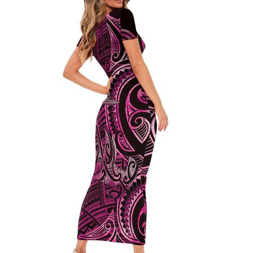 New Zealand Hammerhead Shark Short Sleeve Bodycon Dress Maori Haehae Mangopare Pink - Aussie Hoodie