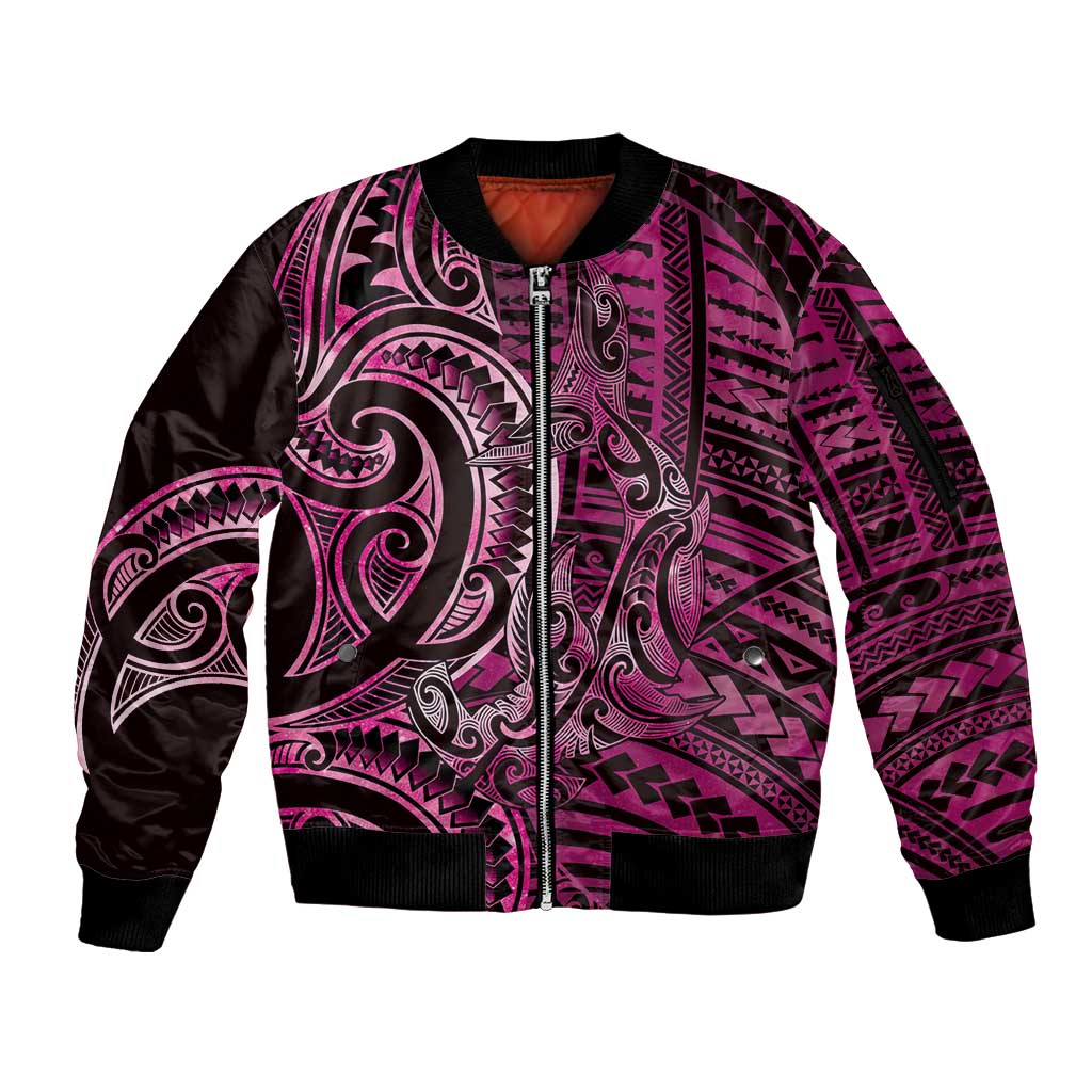 New Zealand Hammerhead Shark Sleeve Zip Bomber Jacket Maori Haehae Mangopare Pink - Aussie Hoodie