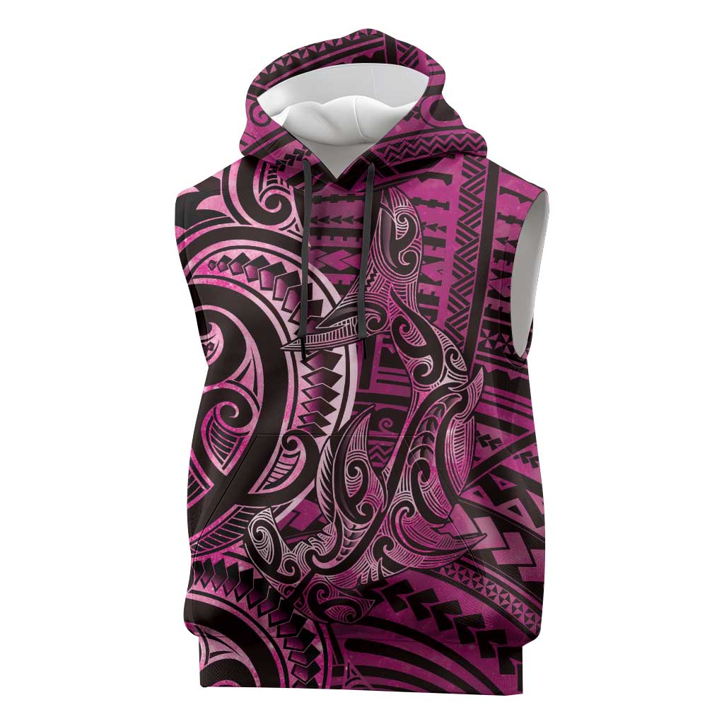 New Zealand Hammerhead Shark Sleeveless Hoodie Maori Haehae Mangopare Pink - Aussie Hoodie