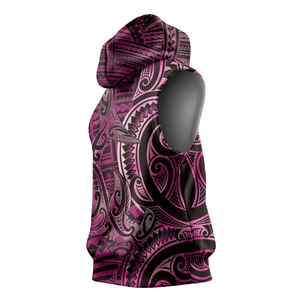 New Zealand Hammerhead Shark Sleeveless Hoodie Maori Haehae Mangopare Pink - Aussie Hoodie