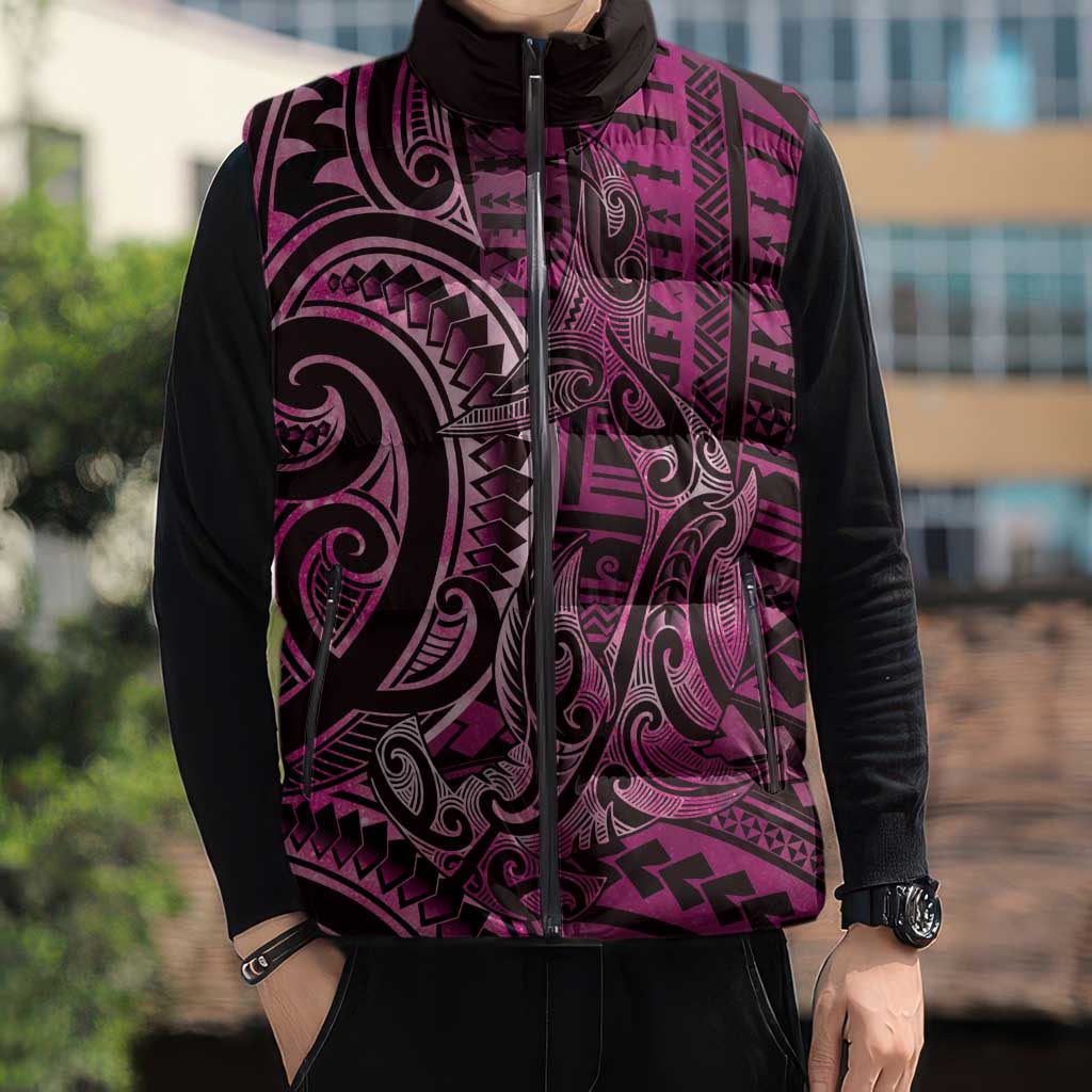 New Zealand Hammerhead Shark Sleeveless Puffer Jacket Maori Haehae Mangopare Pink - Aussie Hoodie