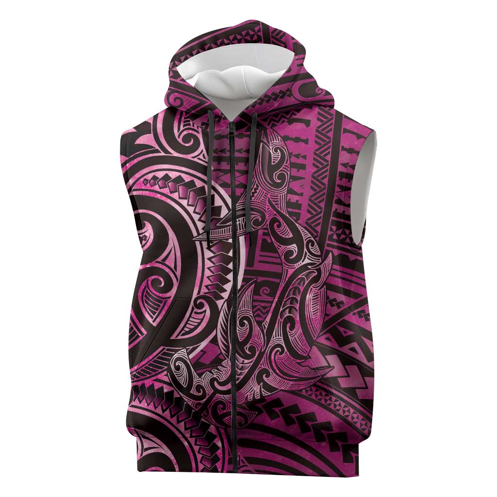 New Zealand Hammerhead Shark Sleeveless Zip Hoodie Maori Haehae Mangopare Pink LT14