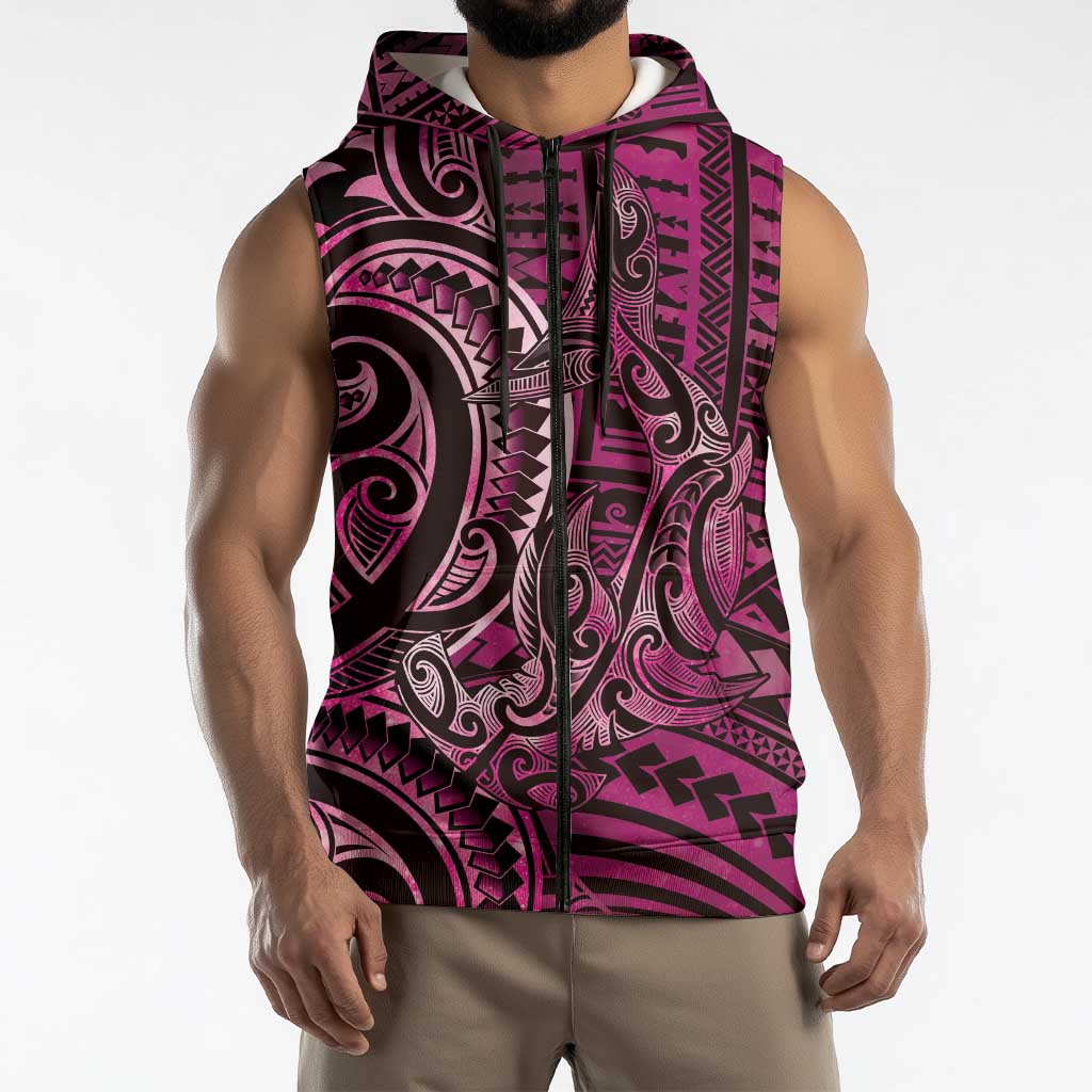 New Zealand Hammerhead Shark Sleeveless Zip Hoodie Maori Haehae Mangopare Pink LT14