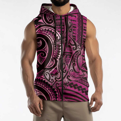 New Zealand Hammerhead Shark Sleeveless Zip Hoodie Maori Haehae Mangopare Pink LT14