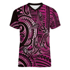 New Zealand Hammerhead Shark Women V-Neck T-Shirt Maori Haehae Mangopare Pink - Aussie Hoodie