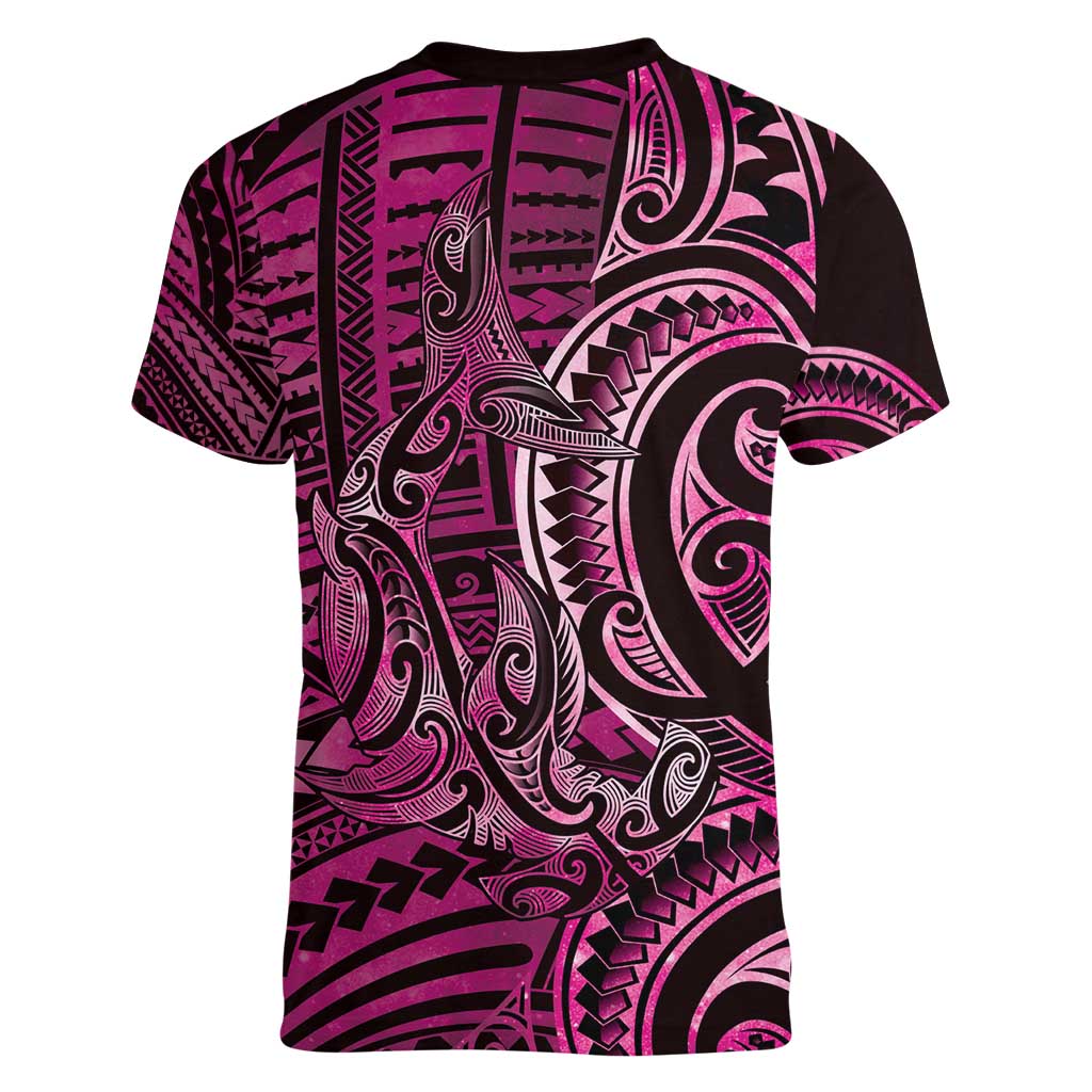 New Zealand Hammerhead Shark Women V-Neck T-Shirt Maori Haehae Mangopare Pink - Aussie Hoodie