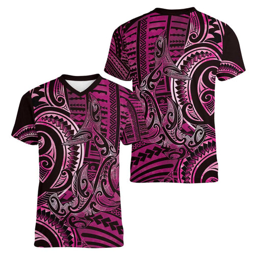 New Zealand Hammerhead Shark Women V-Neck T-Shirt Maori Haehae Mangopare Pink - Aussie Hoodie