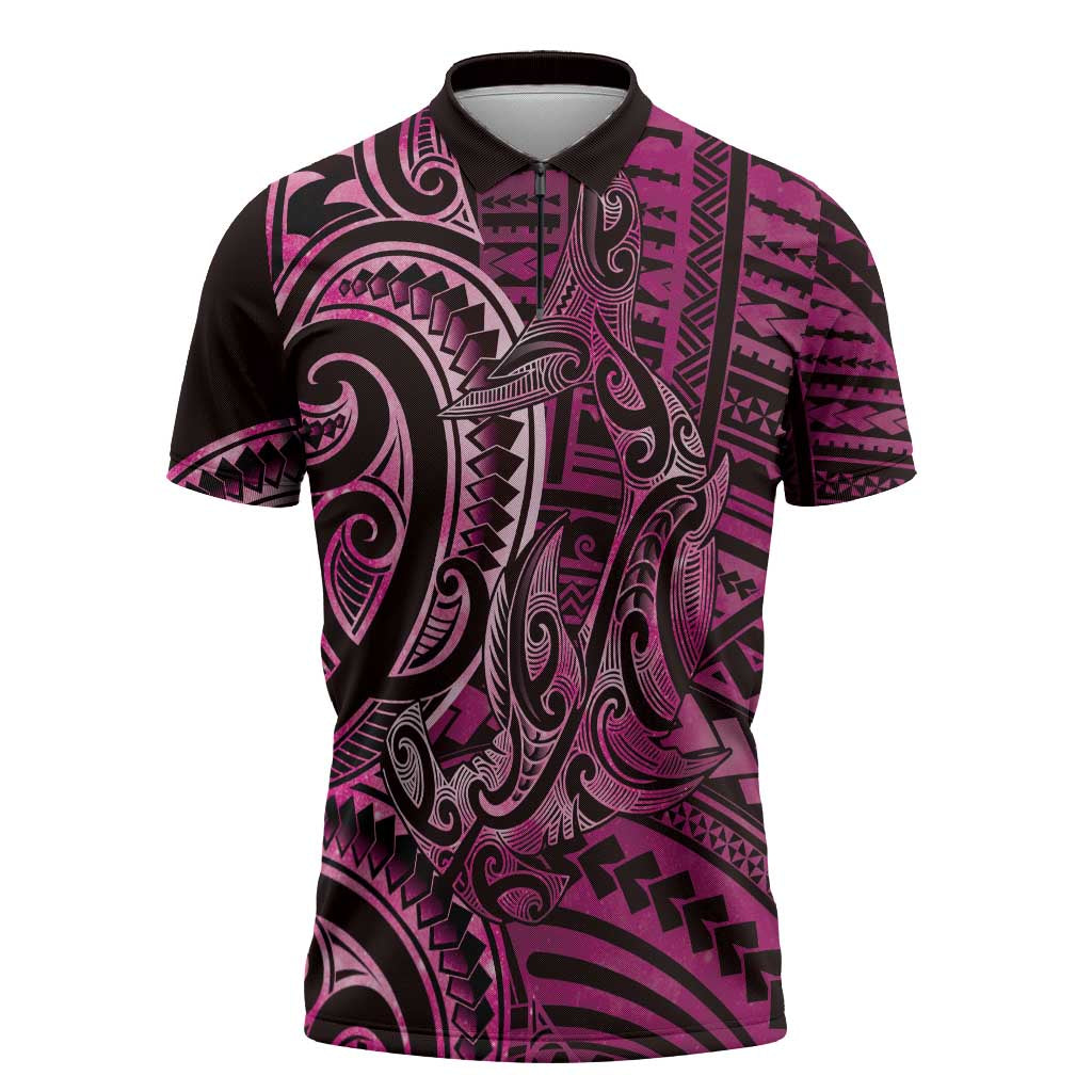 New Zealand Hammerhead Shark Zipper Polo Shirt Maori Haehae Mangopare Pink - Aussie Hoodie