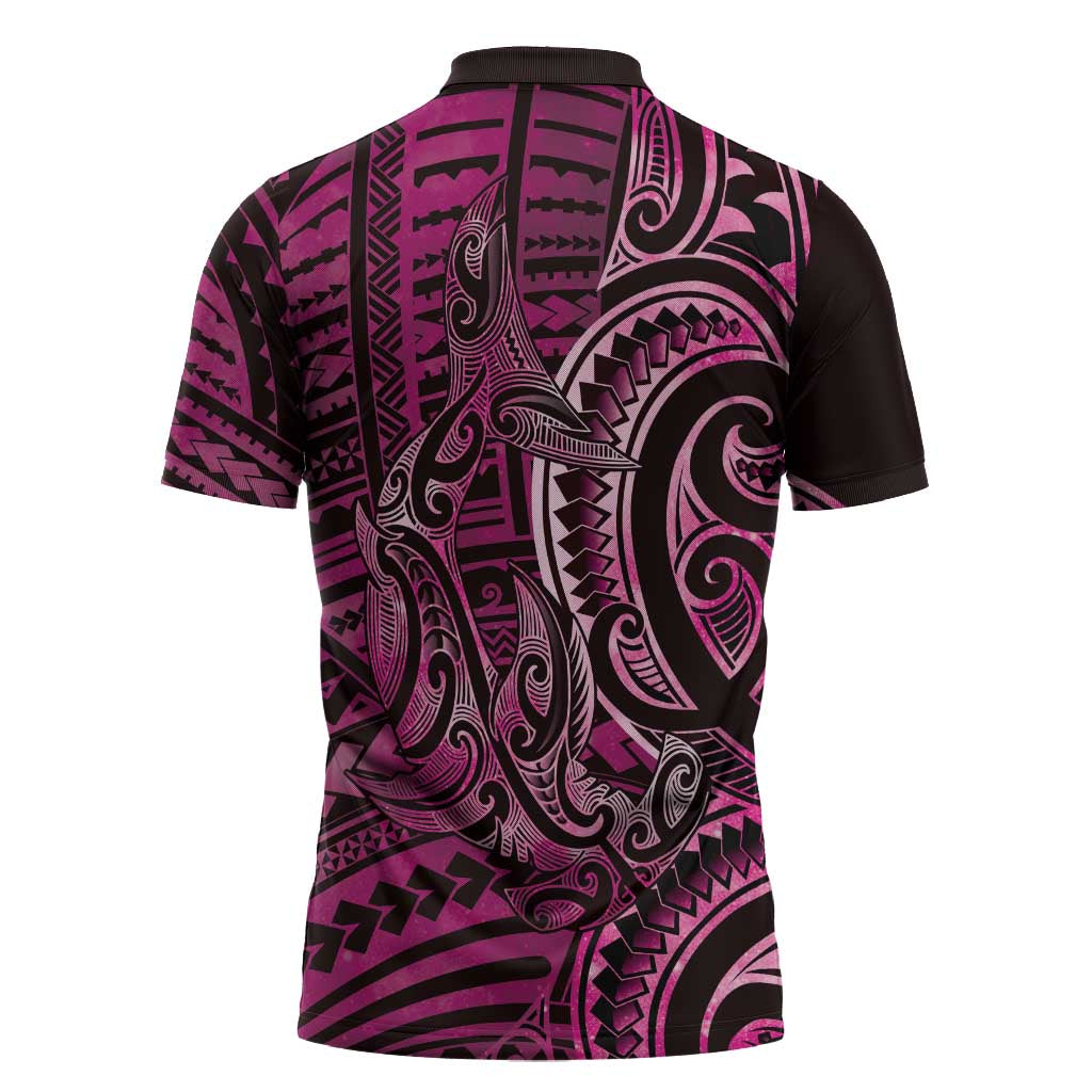 New Zealand Hammerhead Shark Zipper Polo Shirt Maori Haehae Mangopare Pink - Aussie Hoodie