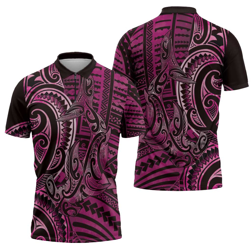New Zealand Hammerhead Shark Zipper Polo Shirt Maori Haehae Mangopare Pink - Aussie Hoodie
