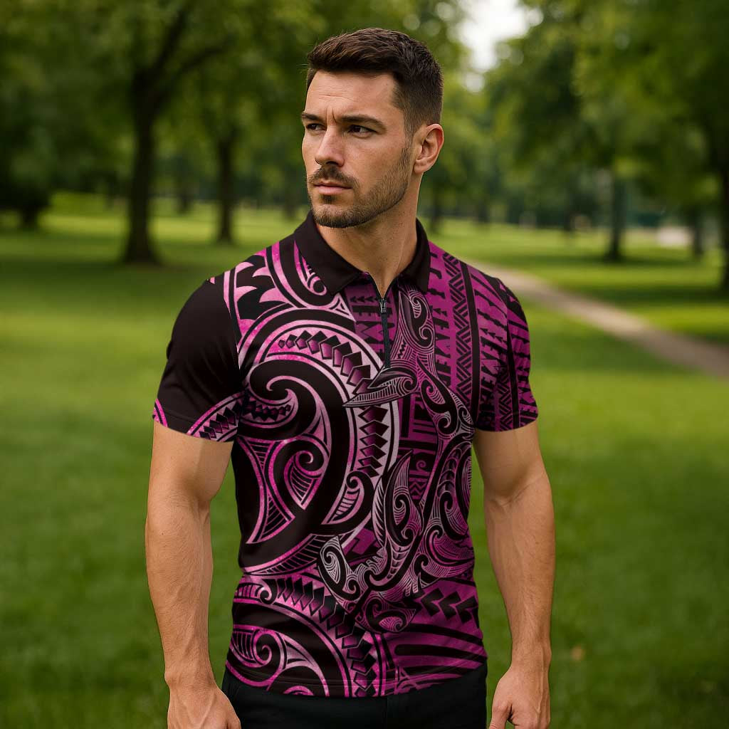 New Zealand Hammerhead Shark Zipper Polo Shirt Maori Haehae Mangopare Pink - Aussie Hoodie