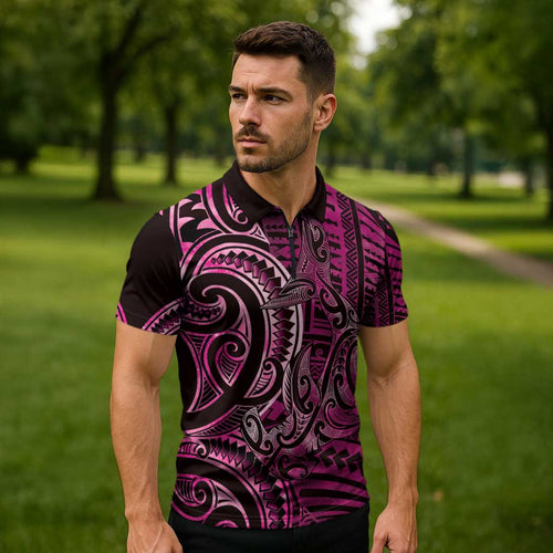 New Zealand Hammerhead Shark Zipper Polo Shirt Maori Haehae Mangopare Pink - Aussie Hoodie