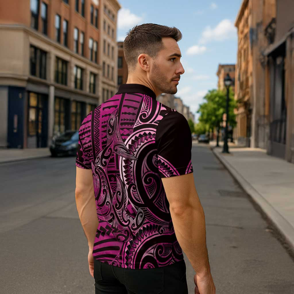 New Zealand Hammerhead Shark Zipper Polo Shirt Maori Haehae Mangopare Pink - Aussie Hoodie