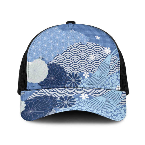 Blue Japanese Traditional Motifs Baseball Net Cap Palaka With Asanoha Seigaiha Sakura - Aussie Hoodie