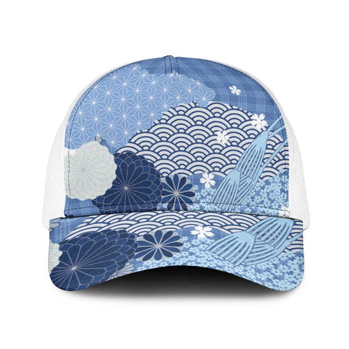 Blue Japanese Traditional Motifs Baseball Net Cap Palaka With Asanoha Seigaiha Sakura - Aussie Hoodie