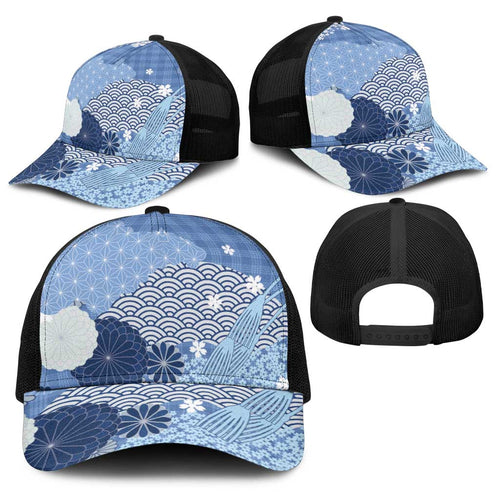 Blue Japanese Traditional Motifs Baseball Net Cap Palaka With Asanoha Seigaiha Sakura - Aussie Hoodie