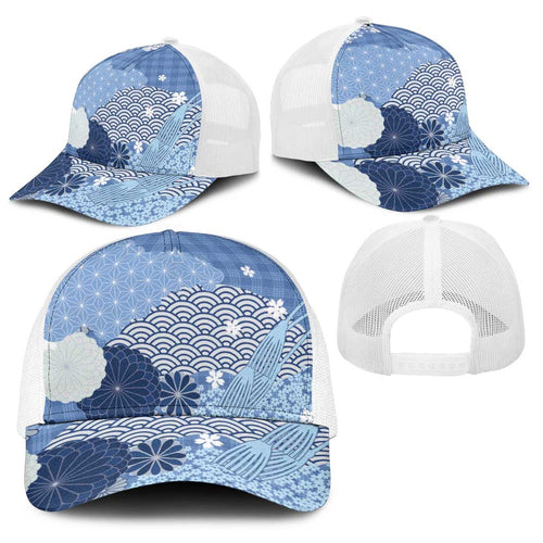 Blue Japanese Traditional Motifs Baseball Net Cap Palaka With Asanoha Seigaiha Sakura - Aussie Hoodie