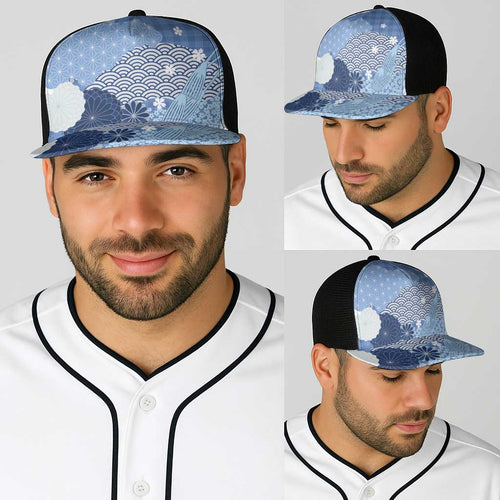 Blue Japanese Traditional Motifs Baseball Net Cap Palaka With Asanoha Seigaiha Sakura - Aussie Hoodie