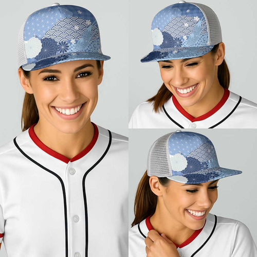 Blue Japanese Traditional Motifs Baseball Net Cap Palaka With Asanoha Seigaiha Sakura - Aussie Hoodie
